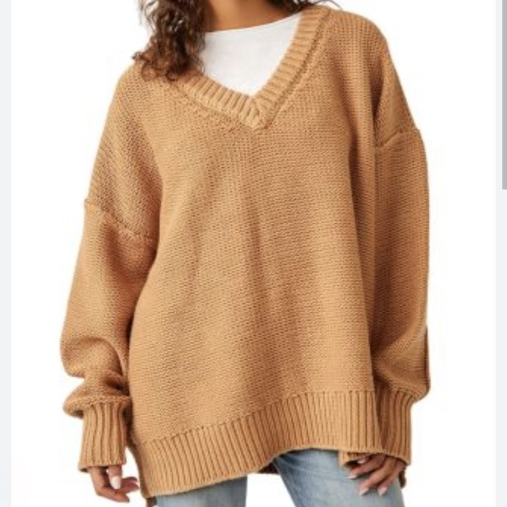 Free People Alli V-neck Chunky Oversized Sweater - Camel sz XS